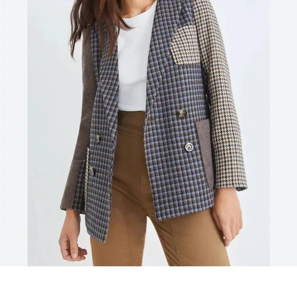 VERONICA BEARD | Faustine Dickey Houndstooth Mixed Media Jacket Blue Multi 00 - Picture 4 of 14